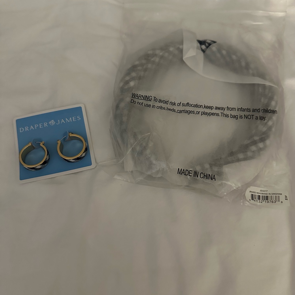 Nwt Draper James Gingham Hoop Earings And Headband Navy White
